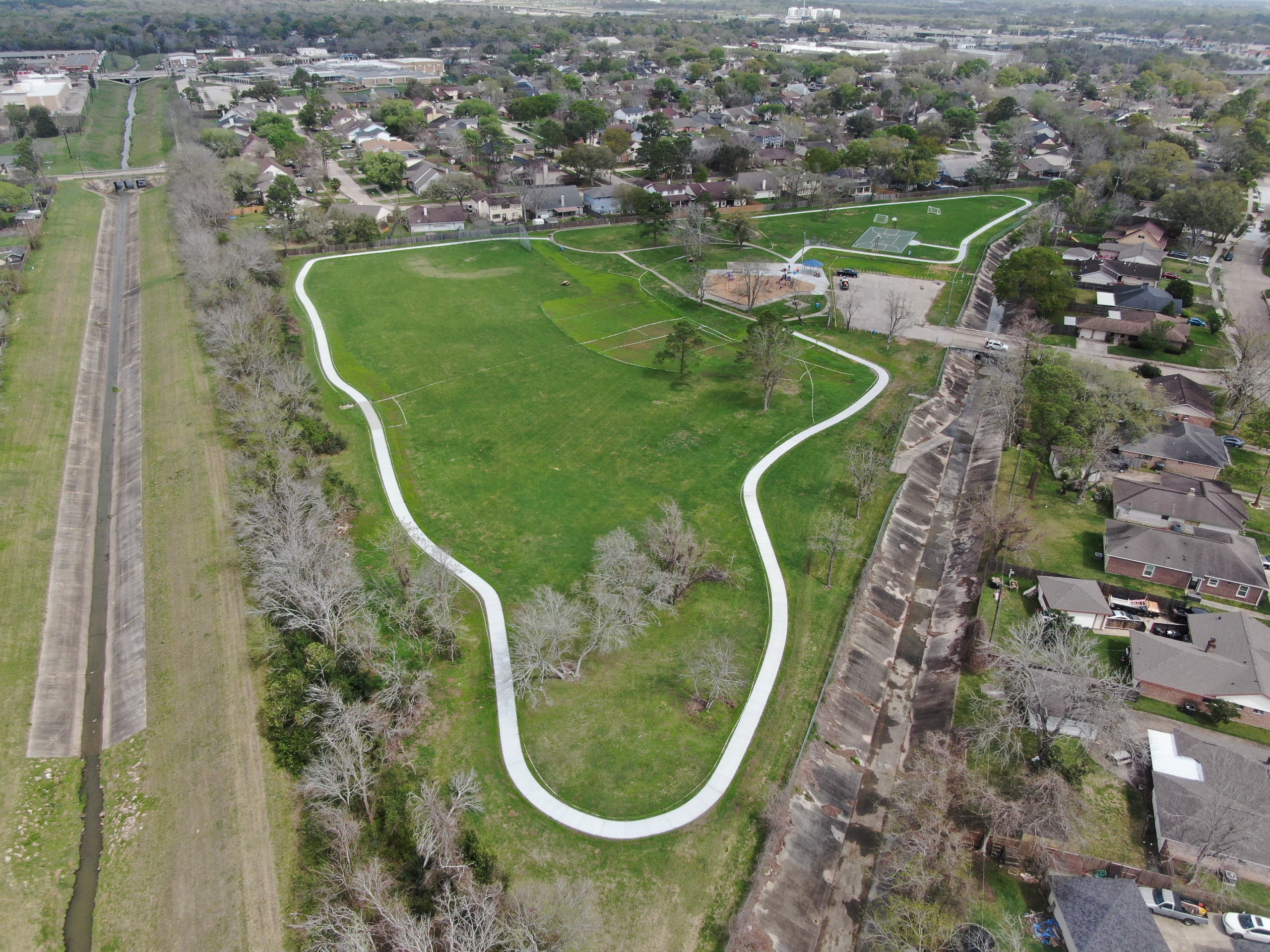 Arial angle of Newport Park with completed amenities and grass growing